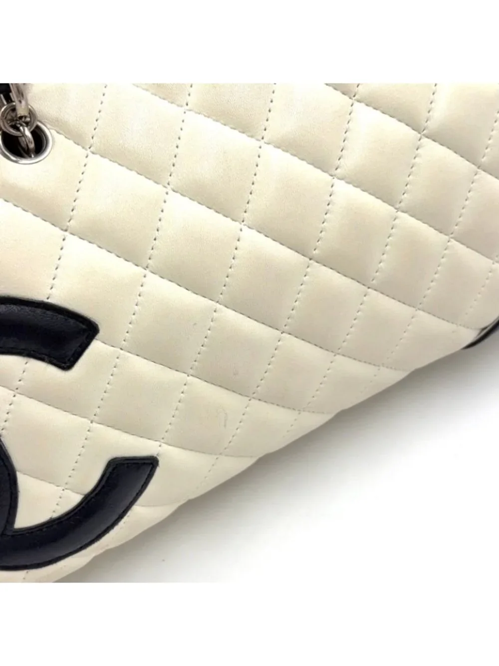 Chanel Cambon Line Bowling Lambskin Black White Shoulder Bag Silver